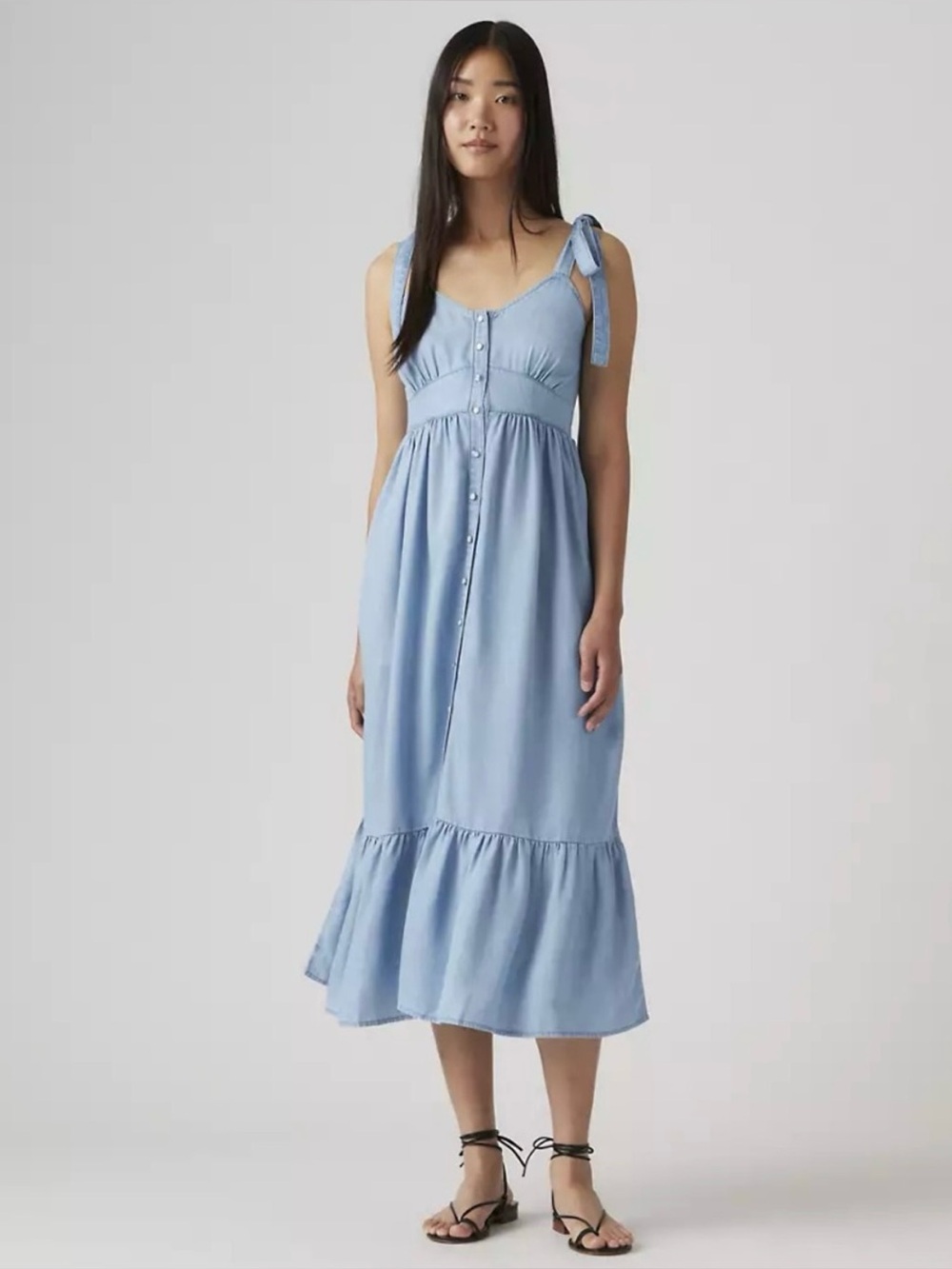 Levi Light Blue Tie-Shoulder Button-Front Midi Dress